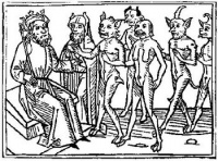 A woodcarving of Belial and some of his followers from Jacobus de Teramo's book Buche Belial (1473 EV)